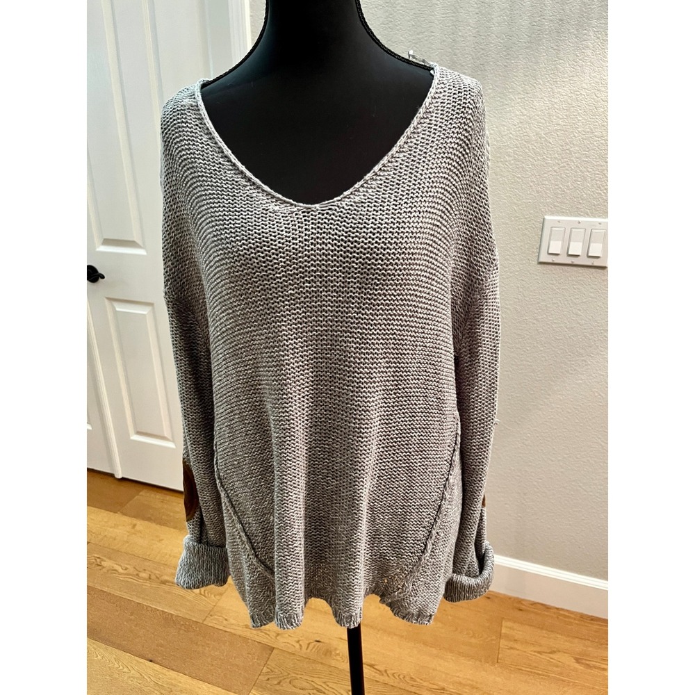 RD Style Sweater Womens M Gray Excellent V Neck Chunky Knit Suede Elbow Patches